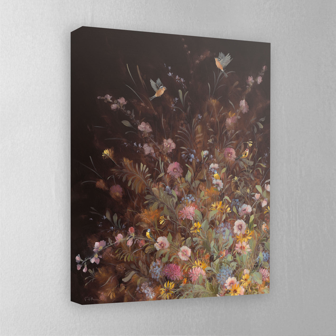 Fletcher Prentice (Hollyhock Chaffinches) Canvas Print